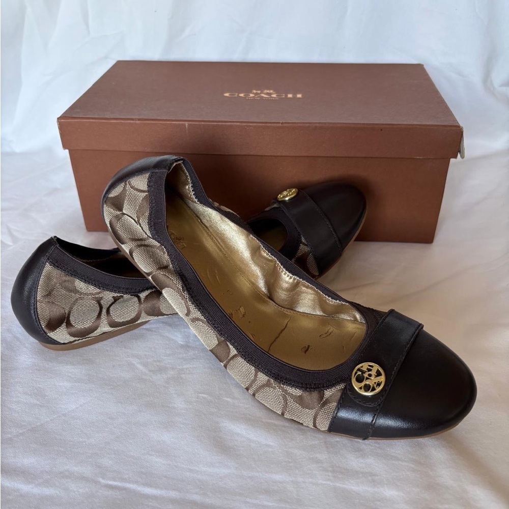 Coach Chelsey Mat Calf Black and Brown Flats with Gold Detail